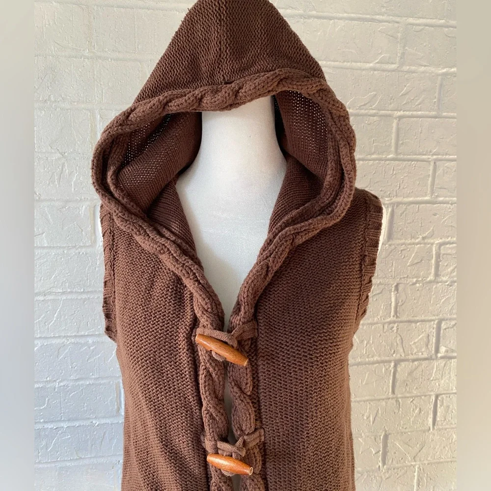 Dressbarn Y2K Brown Cable Knit Hooded Cotton Sweater Vest - Picture 3 of 12